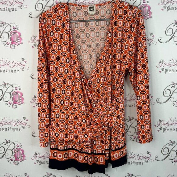 Anne Klein long sleeve stretchy geometric Orange Patterned Wrap Blouse - Picture 1 of 9